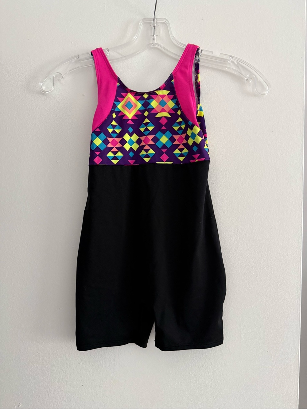 Girls Black One-Piece dance suit with Neon Geo Print and Pink Accents